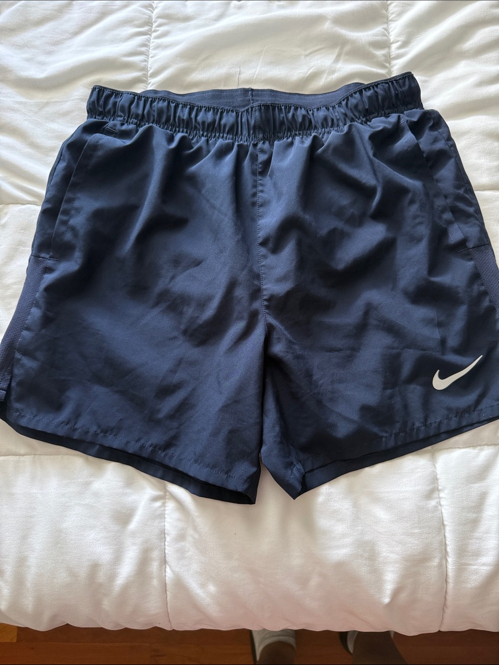 Nike Men's Dark Blue Athletic Shorts with White Swoosh